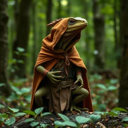 medieval cloak wearing anthro lizard, photograph captured in the woods