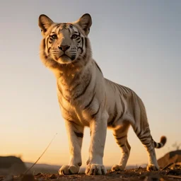 a low angle photo of a half fox half white tiger fox hybrid, at the golden hour, sunset, sunrise, warm lighting, strongshadows, photo by slim aarons, award winning, 4 k, from below, worms - eye - view, low angle