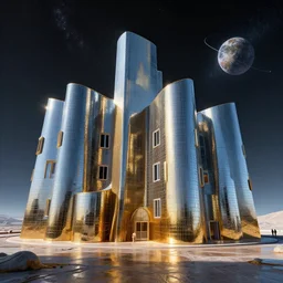 an oil panting of a futuristic space in the metaverse designed by frank gehry
