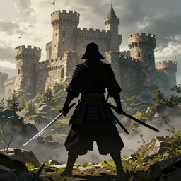Samurai silhouette with katana in right hand in front of a templar castle, ready to attack, vegetation, dramatic lighting, trending on artstation, render, photorealistic, cinematic