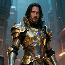 keanu reeves as cyberpunk shiva knight, atmospheric lighting, painted, intricate, golden and blue hour, ultra detailed by philippe druillet