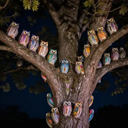 realistic photo of too many small psychedelic owls sitting on big tree at night, very sharp focus, dark background, very hyper realistic, highly detailed, fantasy art station
