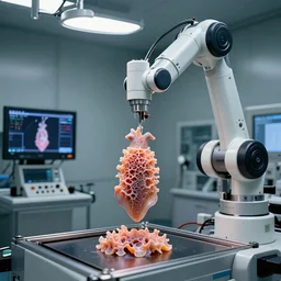 a complex thick bifurcated robotic cnc surgical arm cybernetic symbiosis hybrid mri 3 d printer machine printing some highly detailed larval stage squid embryo organic ceramic fractal forms in inspection laboratory control panel room, lcd screens, knobs, drone camera lens orbs, 3 point lighting, highly detailed larval stage, natural color scheme, photo still from movie by denis villeneuve,