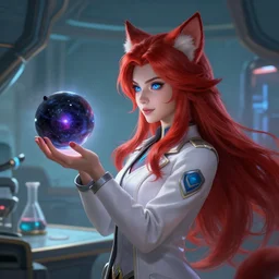 league of legends concept art beautiful young female scientist with neko ears holding spherical black hole in her hand, long crimson hair, blue eyes, futuristic laboratory background interior, table with laboratory equipment, art by charles liu, profile shot, fantasy style, soft lighting, vibrant color scheme, female portrait, ultra detailed, volumetric lighting, octane render, commission art, 8 k wallpaper