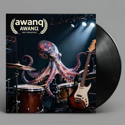 a beautiful vinyl cover by awanqi of an octopus playing drums and telecaster guitar in an electronic concert, dark background, concert light, dark mood, cold lighting