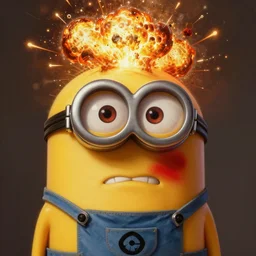 an epic painting minion, red angry face with nuclear explosion of his head, perfect composition, golden ratio, beautiful detailed, photorealistic, digital painting, concept art, smooth, sharp focus, illustration, artstation trending, octane render, unreal engine