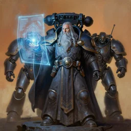 painting of gandalf as a cloaked tech priest projecting a hologram, adeptus mechanicus, cybernetic enhancements, zdzislaw beksinski, lewis jones, dariusz zawadzki, wayne barlow, warhammer 4 0 k, cold hue's, warm tone gradient background, concept art, digital painting