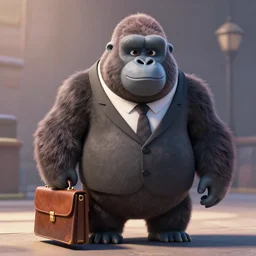 happy gorilla wearing a suit carrying a briefcase in the style of pixar, volumetric lighting, redshift render, 4 k, detailed