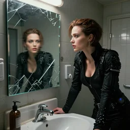 octane render photographic portrait by quentin tarantino of a beautiful feminine man wearing black techwear and light makeup looking in a broken bathroom mirror, rundown new york apartment, full shot, retrofuturism grunge cyberpunk cinematic intoxicating zoom blur, 4 k, 8 k, hd, high resolution, ultra realistic faces, photorealistic, intricate detail, trending on artstation, digital painting, clockwork orange