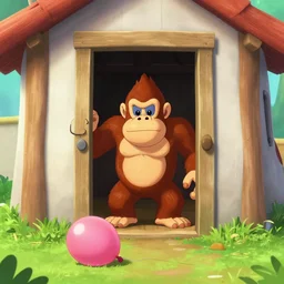 donkey kong standing in the doorway to his hut, he finds a balloon on the ground
