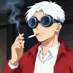 young man in red jacket and white shirt, white hair, round goggles, smoking cigarette, character portrait, sharp focus, illustration