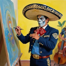 a t - 8 0 0 terminator as a mariachi band member, painting, constant art, highly detailed, coherence, vibrant in color, n - 1 3
