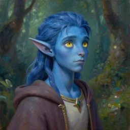 A blue skinned male elf with yellow eyes, young noble, scholar, clad in robes, curious, forwards facing, profile shot, centered, fair, fantasy concept art, beautiful, mystical eyes, magical lighting, mystical, shimmers, nature, oil painting, forest background