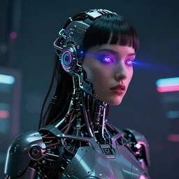 beauty Blade Runner woman, robotic, cyberpunk, lots of cables and wiring, electrical details, neon laser eyes,  trending on artstation, by Hajime Sorayama and Boris Vallejo