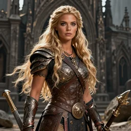 female barbarian, long blond hair, tanned, beautiful, stunning, detailled, by luis royo, by pixar, by myazaki, gothic, final fantasy, fantasy, medieval