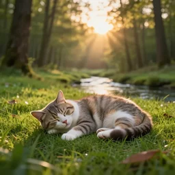 a cute cat sleeping on the grass in a forest near a small river at sunset, godrays, complementary colors, warm lighting, raytracing, highly detailed, high quality, 4k HDR, concept art, octane render, unreal engine 5, high coherence, calm, relaxing, beautiful landscape, serene, anatomically correct