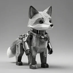 rare classified photo, black & white, studio lighting, standing low poly fox bear, cyborg, hybrid, wood and metal, steampunk