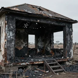 a derelict burnt out 1 9 6 0 s house, with dark burnt rooms, and no stairs. realistic. seen from outside. realistic 3 5 mm