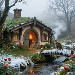 cat in medieval hobbit house, ornate, beautiful, atmosphere, vibe, mist, smoke, fire, chimney, rain, wet, pristine, puddles, melting, dripping, snow, creek, lush, ice, bridge, forest, roses, flowers, by stanley artgerm lau, greg rutkowski, thomas kindkade, alphonse mucha, loish, norman rockwell
