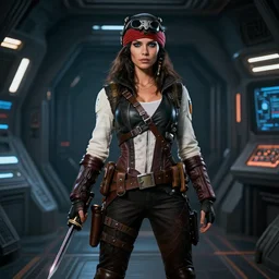 masterpiece fully body portrait photograph of a female cyber space pirate, space station setting, dramatic lighting, 8k