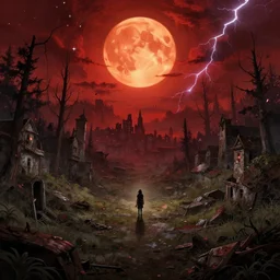 abandoned bloodborne old valley with a person at the centre and a city at the end, trees and stars in the background, falling petals, epic red - orange moonlight, perfect lightning, illustration by niko delort, 4 k, ultra realistic