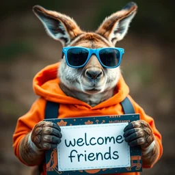 a portrait photo of a kangaroo ( wearing an orange hoodie ) and ( blue sunglasses ) holding a sign on the chest that says welcome friends