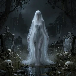 a beautiful centered etheral ghost female in a ruined cemetery by night,  omnious style, ultra intricate details, skulls, marsh vegetation, ponds, reflections, volumetric light and fog, octane render