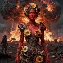 A portrait of a woman wearing clothes made out of dying flowers, nuclear explosion in the background, Masterpiece, red skin, glowing, wires everywhere, by Edgar Maxence and Ross Tran, Zdzisław Beksiński, and Michael Whelan, distant, gustav dore, H.R. Giger, 8k, octane render