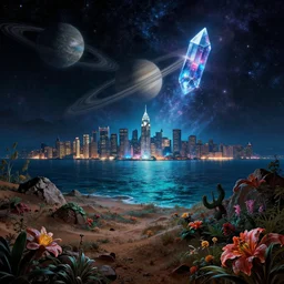 landscape by titian, at night retro sea scumm bar liberty city cosmic desert saturn universe reclaimed by nature assassin's creed dramatic lighting elysian crystal uv light at dusk myst flowers water nightsky otherworldly vaporwave, archdaily, wallpaper, highly detailed, trending on artstation.
