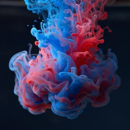 swirling liquids, paints mixing, blue and red, digital art