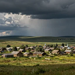 matte painting of russian small town in the steppes by simon stolenhag