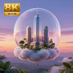 skyscraper inside a bubble, floating on clouds, tethered to the ground realistic 3 d render, unreal engine, gardens, ecofuturism, solarpunk, maya, 8 k, vmax, award winning, trending on artstation, smooth, sharp focus, octane, twilight sunset background