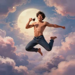 portrait of ( ( hermoso joven dotado latino macho alegre sin camisa ) ), tomand cafe y brincando, lleno de nubes y magia y amor, concept character, by greg rutowski and tezuka and oi and mucha and bierstadt and remington, trending on artstation