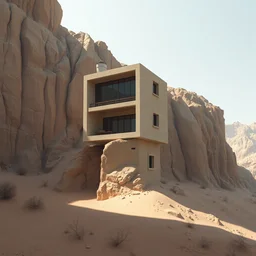 cubical house built on the side of a vertical cliff, brutalist architecture, desert, digital painting, detailed, highly detailed, smooth, sharp focus, 3 d rendering, octane, unreal engine, digital, maya, award winning, trending on artstation