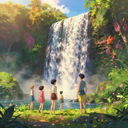 an epic makoto shinkai and renoir landscape with a hawaiian waterfall, golden hour, 🌺, ultra smooth, octane render, lois van baarle, ilya kuvshinov, unreal engine, blender, trending on artstation, suntur, caleb worcester, highly detailed, photorealism, bloom effect