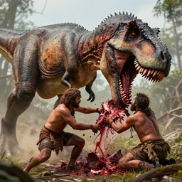 a highly detailed tribesman getting brutally eaten by a tyrannosaurus rex, blood, real nature, dinosaur, high definition, national geographic, 4 k