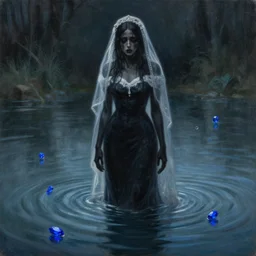 detailed painting of sad bride in scary black standing in the river, gloomy, cobalt blue gemstones floating in the river, art by artgerm and greg rutkowski and alphonse mucha