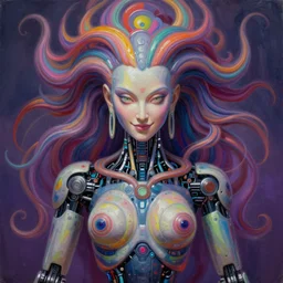 perfectly centered portrait, front view of a beautiful biomechanical alien android robot buddha, female, flowing hair, intense stare, sarcastic smile, symmetrical, concept art, intricate detail, psychedelic colors, volumetric shadows and lighting, realistic oil painting by alex grey and h. r giger,