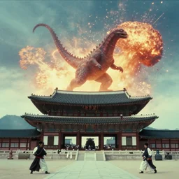 a filmstill of a north korean monster movie, kaiju - eiga monster starfish - like trampling a traditional korean palace, kodachrome, film noir, dream - like, etheral, explosions, thriller, by akira kurosawa and wes anderson video compression