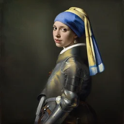a painting of gal gadot in knights armor by vermeer