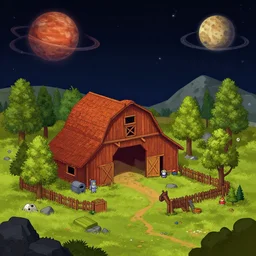 inside a farm barn, on a remote planet, from a space themed point and click 2 d graphic adventure game, set design inspired by hg giger and tomb raider, art inspired by thomas kinkade