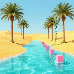realistic illustration of an oasis in a desert. Hot yellow sand with cyan water with white lines of refraction. Palm trees surround the oasis. Pink blocks are rising out of the water in a row leading from near to far, with vines hanging off them