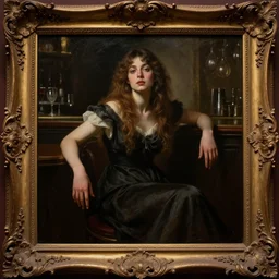 a painting of a beautiful woman sitting inside a baroque frame but falling out by the waist with her hands dangling down. focus, ultra - realistic, 8 k, detailed. atmospheric light, dramatic lighting, cinematic, painted, intricate, detailed, foreboding, by art by meredit frampton and gregory crewdson, epic, stunning, gorgeous, much wow, cinematic, masterpiece. trending on art station. by bouguereau.