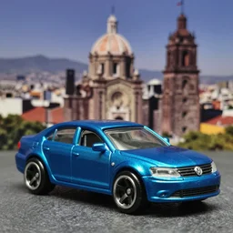 3 5 mm photo of metallic blue volkswagen jetta like hot wheels model with mexico city as background, epic cinematic, epic lighting