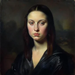 hyperrealism mixed with classicism, oil painting, close - up portrait of fashion model, abstract and surrealism painting instead of skin, fully clothes in black reflect robe, complete darkness, in style of classicism mixed with 8 0 s sci - fi hyperrealism