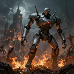 mech robot futuristic, ( ( ( beautiful secret city of the elves gondolin on top of a mountain, magical gloomy mystical ) ) ), under attack. by konstantin razumov, fractal flame, chiaroscuro, highly detailded,
