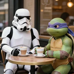 fma stormtrooper and a ninja turtle having coffee in a french cafe, film still from a wes anderson movie, vivid dramatic lighting, color play, symmetry, artistic shot, high quality photograph