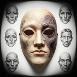 flesh mask design, character sheet, Moebius, Greg Rutkowski, Zabrocki, Karlkka, Jayison Devadas, Phuoc Quan, trending on Artstation, 8K, ultra wide angle, zenith view, pincushion lens effect.