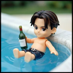 johnny depp as nendoroid relaxing in the pool with bottle of wine as nendoroid, kodak film