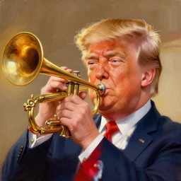 painting portrait of trump with trumpet hair, cartoon, warm lighting, trump has hair as a trumpet, trumps hair is coming out as trumpet. movie poster, illustration by bartek fedyczak, erak note, tooth wu, neil richards, kan liu, siwoo kim, jisu choe, trending on art station